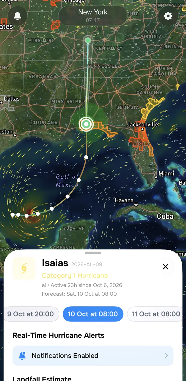 Tropical Storm Isaias in the Ora Weather hurricane tracker on iPhone, showing its forecast path across the Gulf toward the US coast