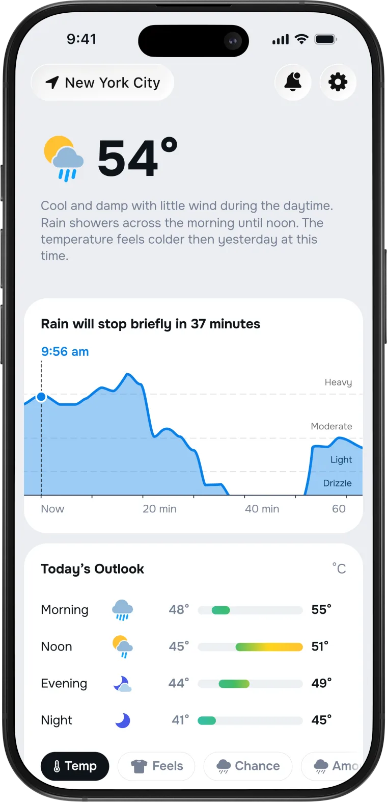 The Ora Weather Today view on iPhone: 54°, with the rain-timing chart and today's outlook.