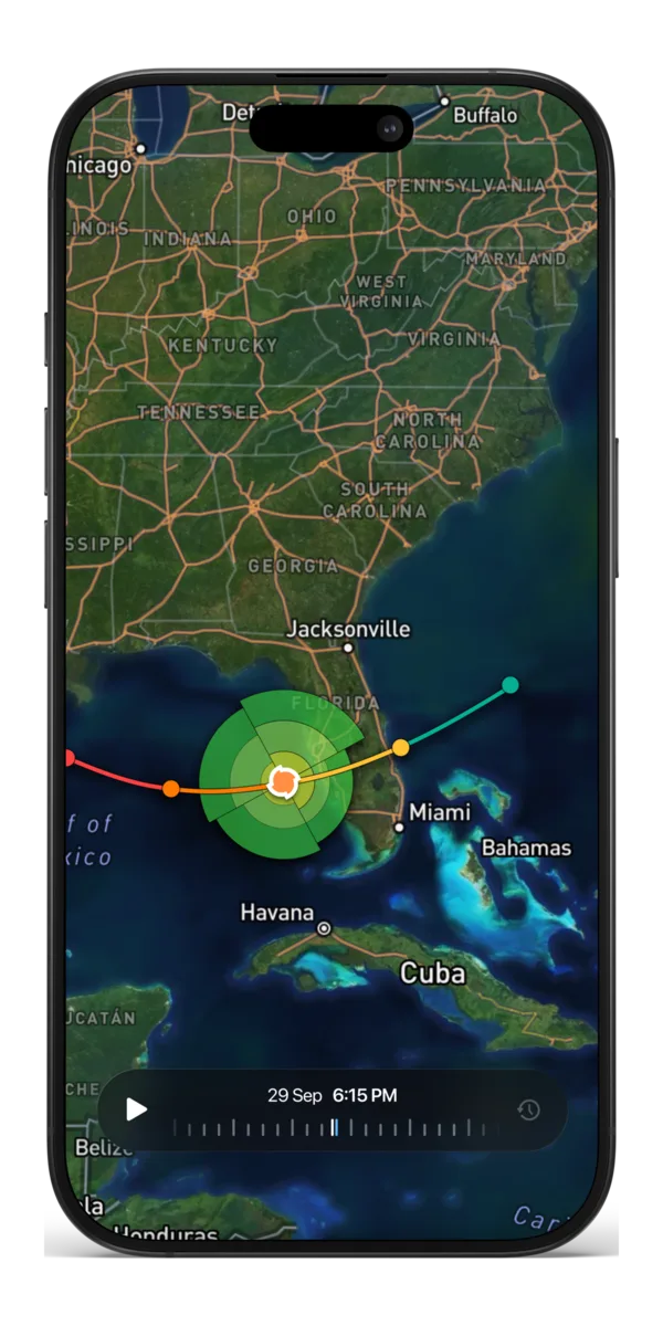 Ora Weather hurricane tracker showing a storm’s path, on iPhone
